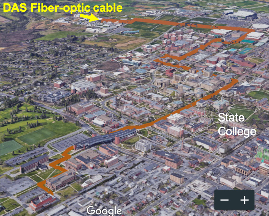 Bird's-eye view of the fiber-optic cables used for the FORESEE project in which scientists used pre-existing cables to monitor geological events.