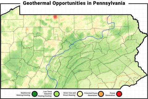 A Pennsylvania map that identifies hotspots across the Commonwealth that can generate secure and always-on geothermal electricity. A Pennsylvania map that identifies hotspots across the Commonwealth that can generate secure and always-on geothermal electricity.
