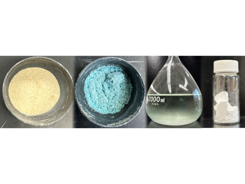 In this collage, from left, is: spodumene, the mineral concentrate containing the lithium to be extracted; spodumene roasted with sodium hydroxide; leach solution, or the liquid leaching lithium from the roasted mixture; and the final product of lithium carbonate. Credit: Provided by Chandima Hevapathiranage/Rezaee Lab. All Rights Reserved.