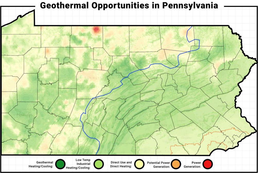 A Pennsylvania map that identifies hotspots across the Commonwealth that can generate secure and always-on geothermal electricity.