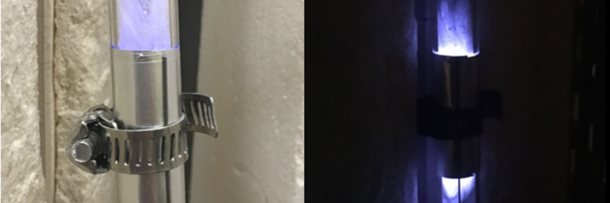 Left - Photo of the produced sulfur. Right - Photo of the plasma discharge.