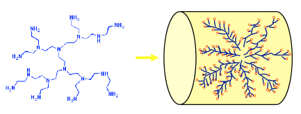Image shows Molecular Basket Sorbent technology. Branched CO2-attracting polymers provide a large amount of adsorption sites.
