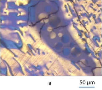 These polarized-light micrographs are examples of optical textures of semi-cokes obtained from laboratory experiments at 50 um.