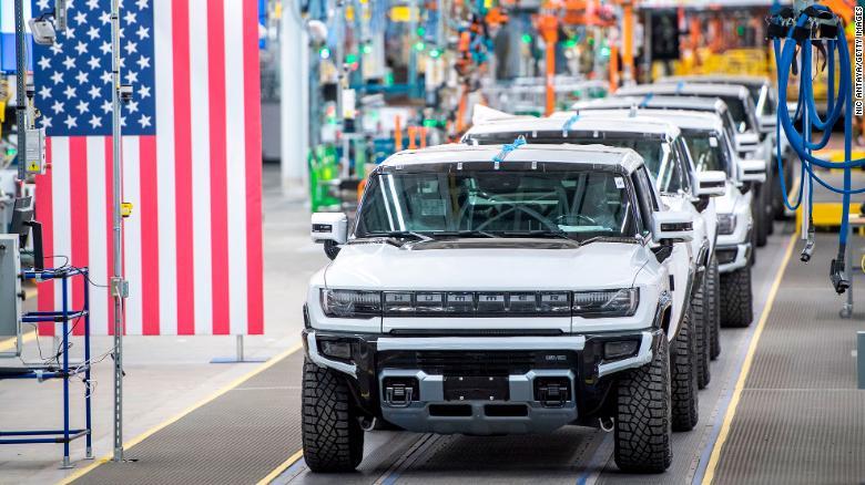 Hummer electric vehicles at General Motors' assembly plant in Detroit on November 17, 2021. The Department of Energy plans to bu