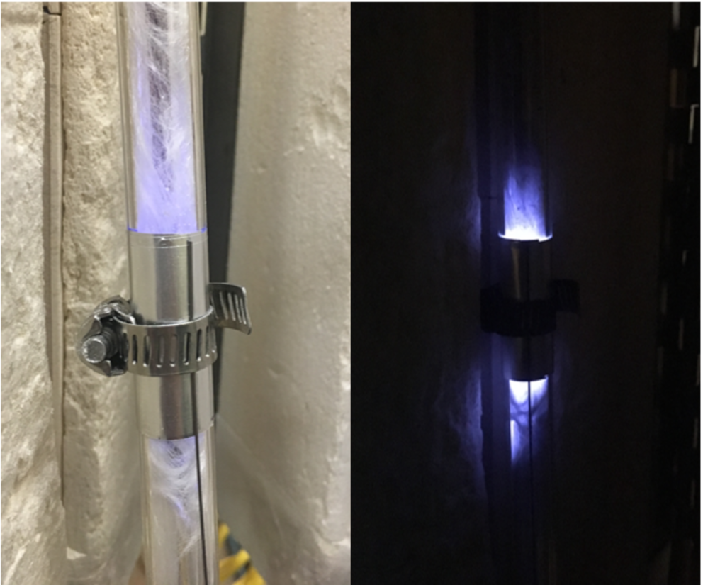 Left: Photo of the produced sulfur. Right: Photo of the plasma discharge.
